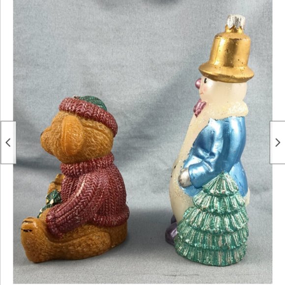 2 Shiny Christmas Wax Candle Brown Teddy Bear w/Sweater Hat Snowman Gold Top Hat - Picture 2 of 7